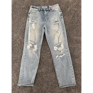 Eunina Mom Jeans Womens Size 7 Light Wash Distressed Ripped Cropped High